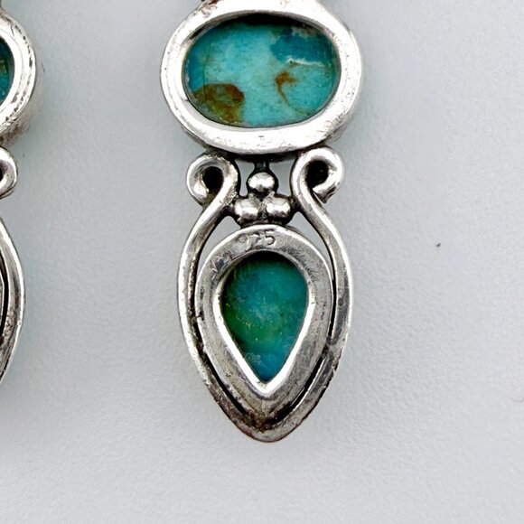 Vintage Sterling Silver Turquoise Dangle Earrings – Modernist 3-Stone Design - Picture 7 of 11